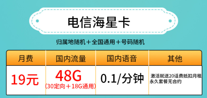 許昌電信海星卡 19元、29元套餐 低月租19元包30G定向+18G通用流量 激活送20話費(fèi)抵扣月租 永久套餐無(wú)合約