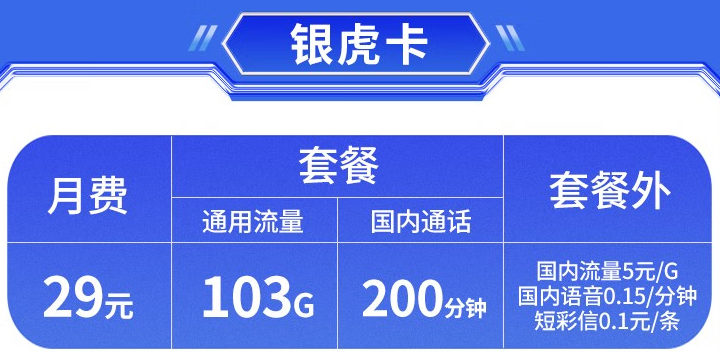 云南聯(lián)通銀虎卡103G全國(guó)流量+200分鐘國(guó)內(nèi)通話