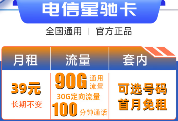 浙江電信星馳卡 39元每月120G大流量+100分鐘【自選號(hào)】長(zhǎng)期套餐 無套路