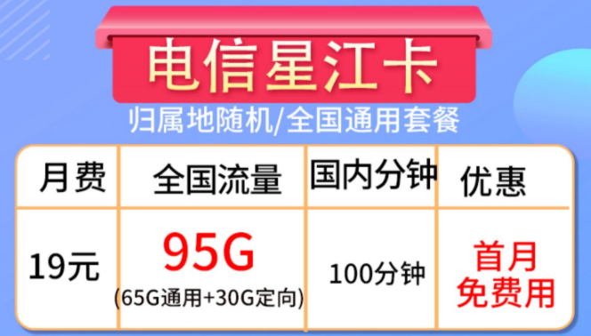 全國通用流量卡套餐推薦 19元95G全國流量+100分鐘通話+首月免費用手機(jī)上網(wǎng)卡