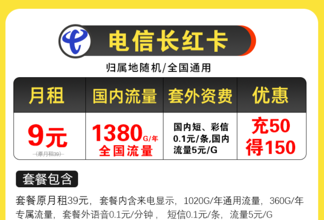 電信超值優(yōu)惠套餐有哪些？電信長紅卡，月租9元包含125G全國流量/月不限速手機上網卡