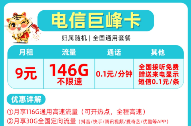 非常受歡迎的流量卡套餐有哪些？電信巨峰卡9元包含146G全國來了不限速+首月免費(fèi)