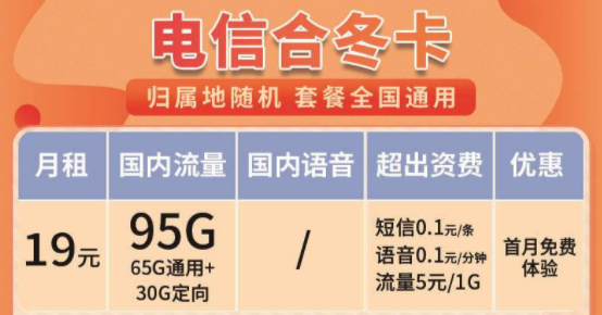 功能齊全的電信流量卡套餐推薦 電信合冬卡19元月租95G全國(guó)流量全國(guó)通用+首免