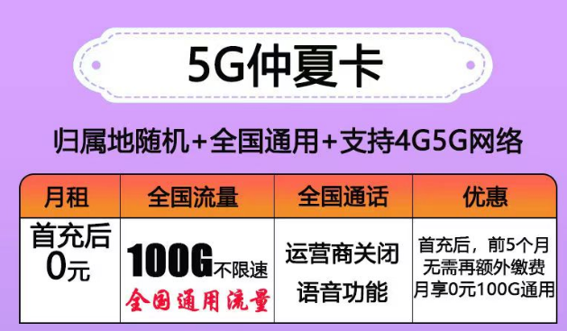 長期可用的流量卡套餐推薦 仲夏卡前5個月0月租后19元100G通用流量