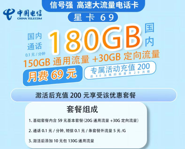 電信星卡的流量多嗎？69元流量星卡套餐寶150G通用流量+30G定向|超級(jí)劃算