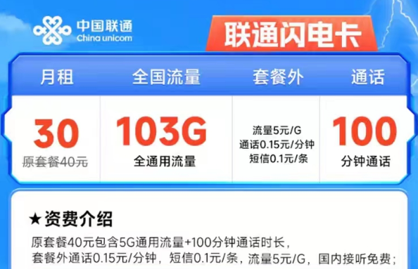 聯(lián)通閃電卡30元103G通用+100分鐘長期有效|聯(lián)通雄兔卡19元/月203G通用+200分鐘|