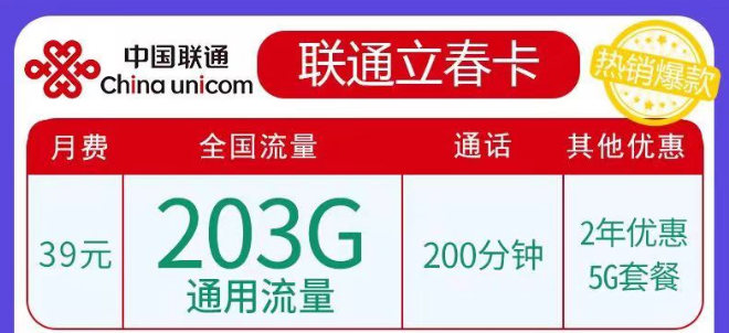 聯(lián)通春雨、立春卡純通用流量卡|29元103G、39元203G任選|5G優(yōu)惠套餐