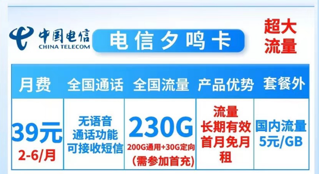 就沒有流量多的電信純流量卡了嗎？當(dāng)然有！電信夕鳴卡39元230G大流量|19元順和卡165G流量