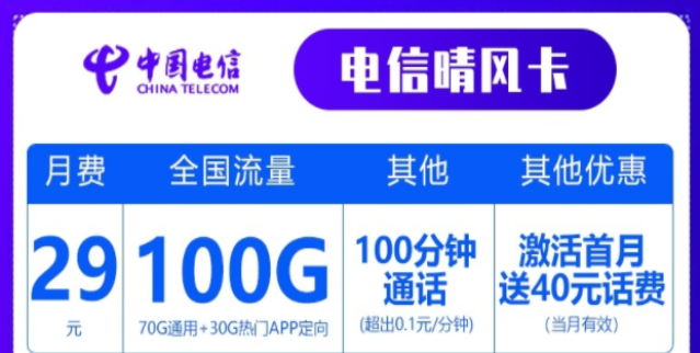 電信29元100G晴風(fēng)卡+100分鐘語(yǔ)音|39元長(zhǎng)期電信卡180G+首免蘇龍卡