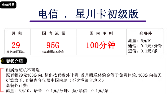 電信星川卡初級、中級卡|29元、39元|大流量免費領(lǐng)！