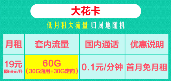 19元聯(lián)通大花卡60G流量+29元聯(lián)通黃金卡204G通用+100分鐘！